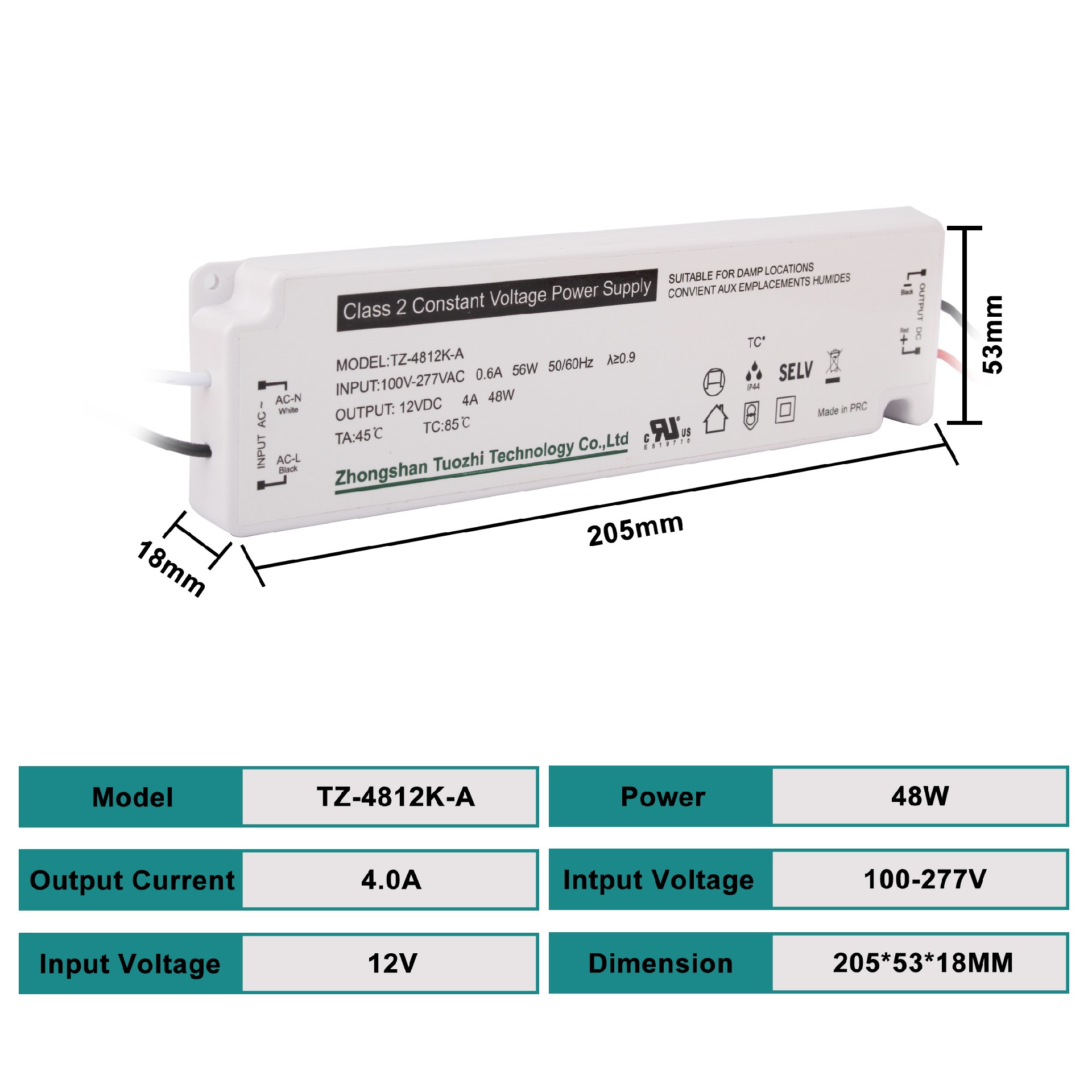 TZ-4812K-A  48W 12V 24V UL Ultra-thin LED Power supply