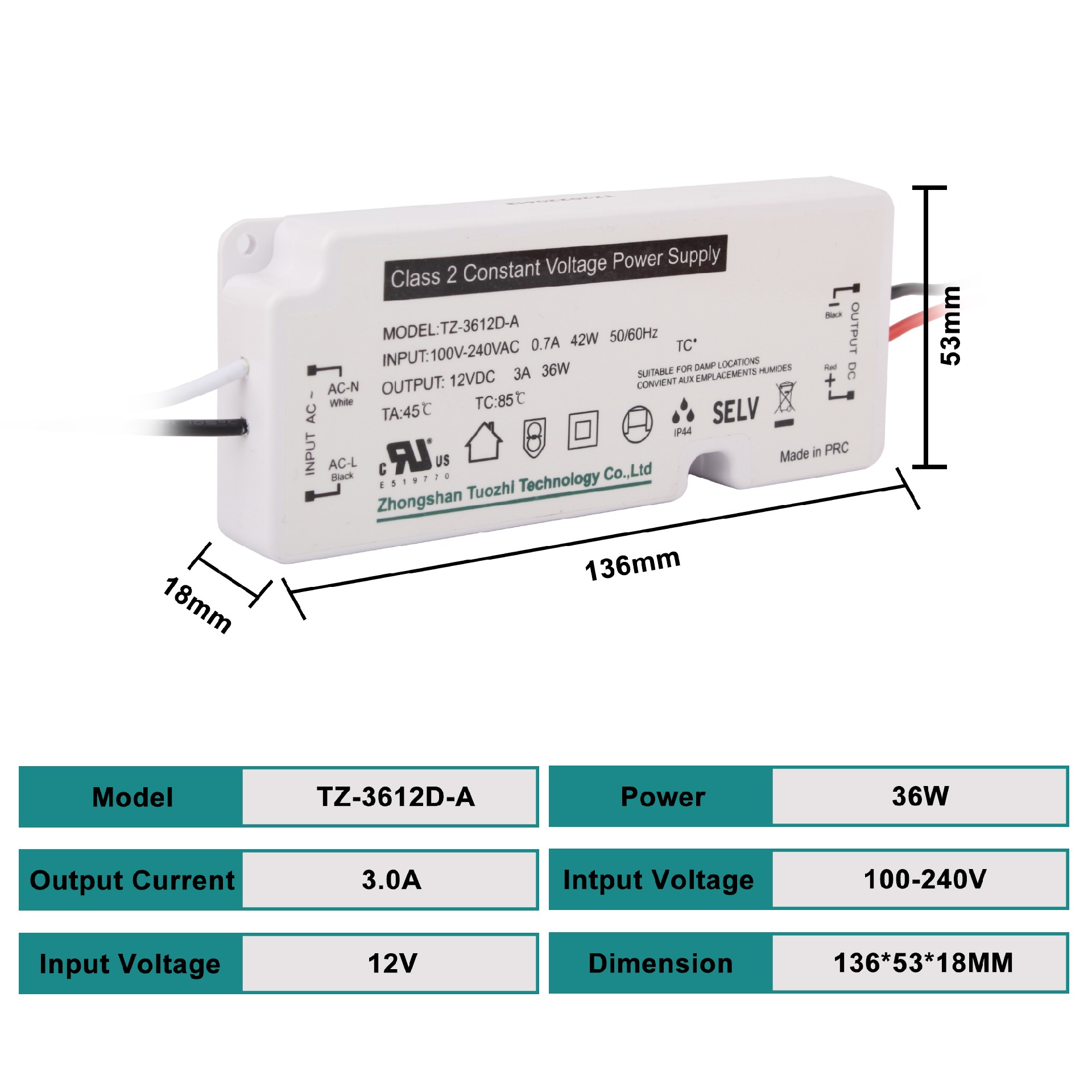 TZ-3612D-A  36W  UL Ultra-thin LED Driver for bathroom mirror